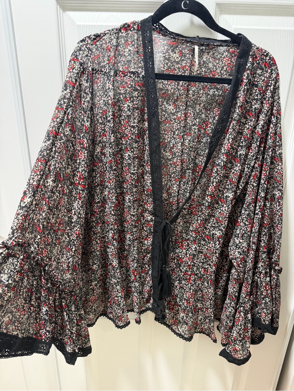 Free People Black Sheer Floral Tie-Front Kimono with Red Accents